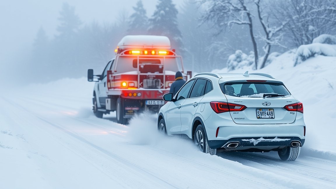 Autómentés hóban, fehér SUV és mentőautó a havon.