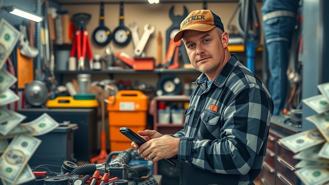 Autóvillamossági szerelő munkája műhelyben, pénzügyi előnyökkel.