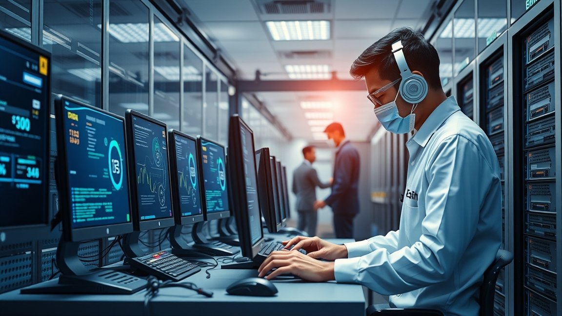 Adatmentési szolgáltatás szakember dolgozik számítógép előtt adatközpontban.