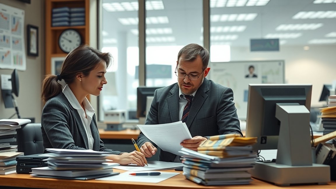 Banki ügyintézők a munkahelyükön, dokumentumokkal dolgoznak.