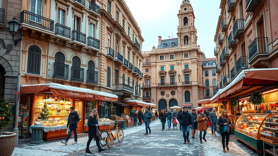 Barcelonai utcai vásár télen, emberekkel és üzletekkel
