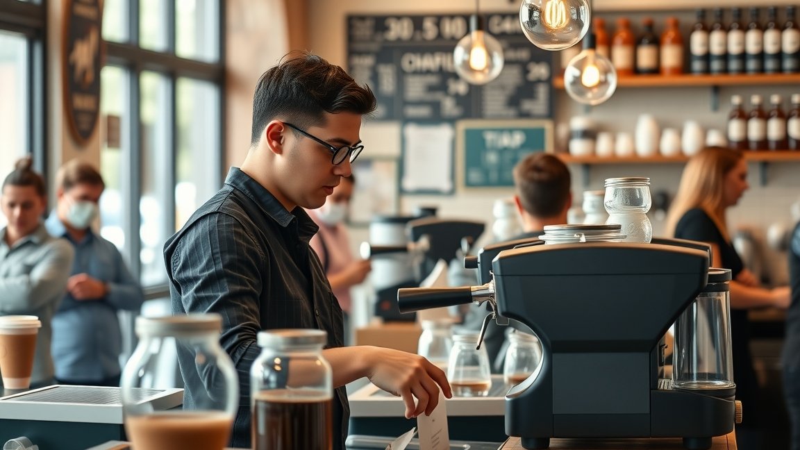 Barista a kávézóban, kávéfőző gépnél dolgozik.