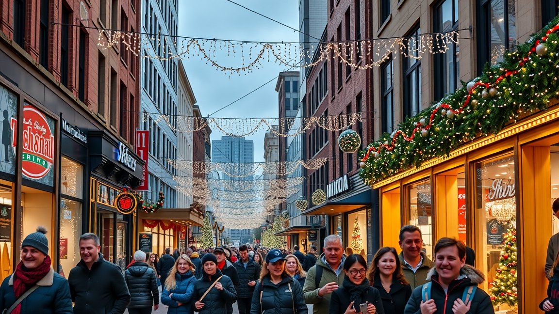 Belvárosi karácsonyi sétatúra, feldíszített utcák és vásárlók.