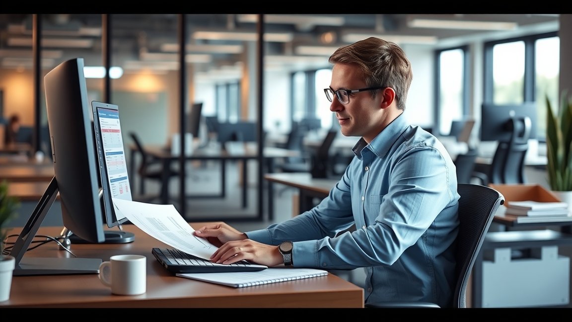 Bérszámfejtő dolgozik egy modern irodában számítógép előtt.