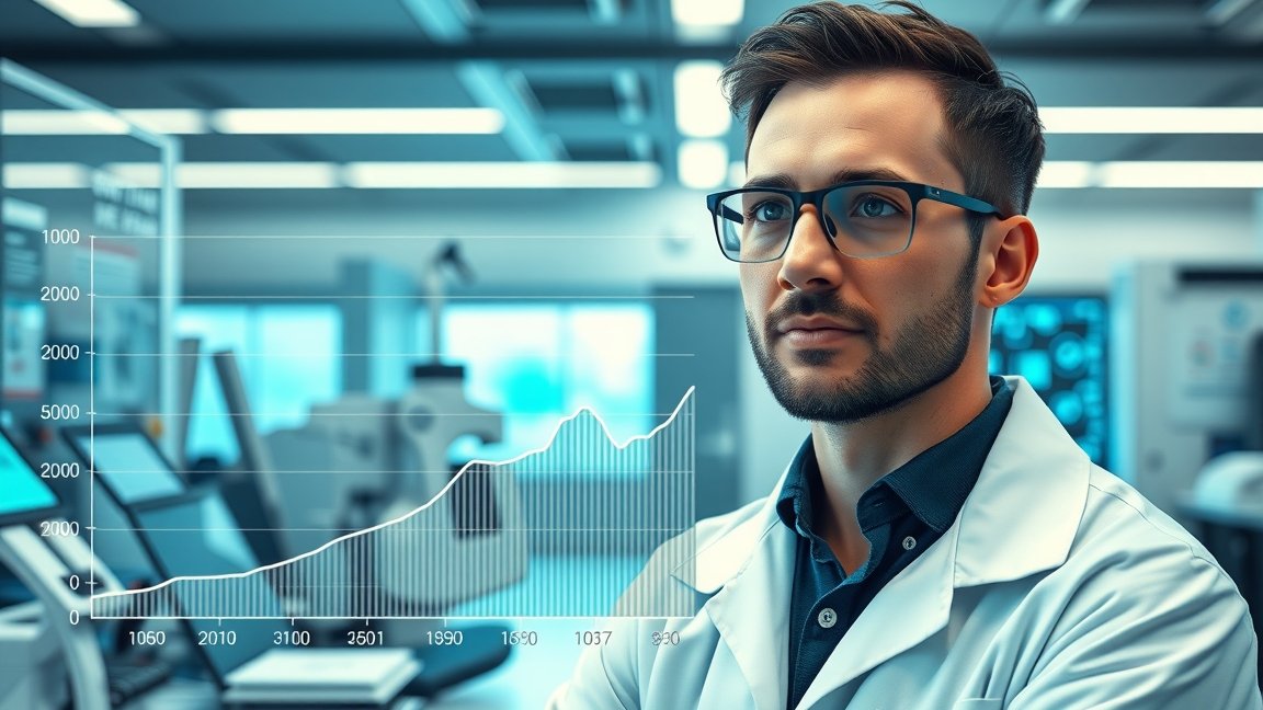 Fiatal biomérnök laboratóriumban, háttérben árdiagrammal.