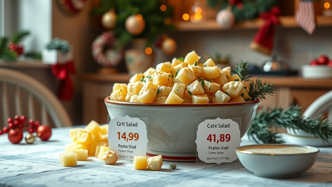 Burgonyasaláta tálalva ünnepi díszítéssel és árakkal