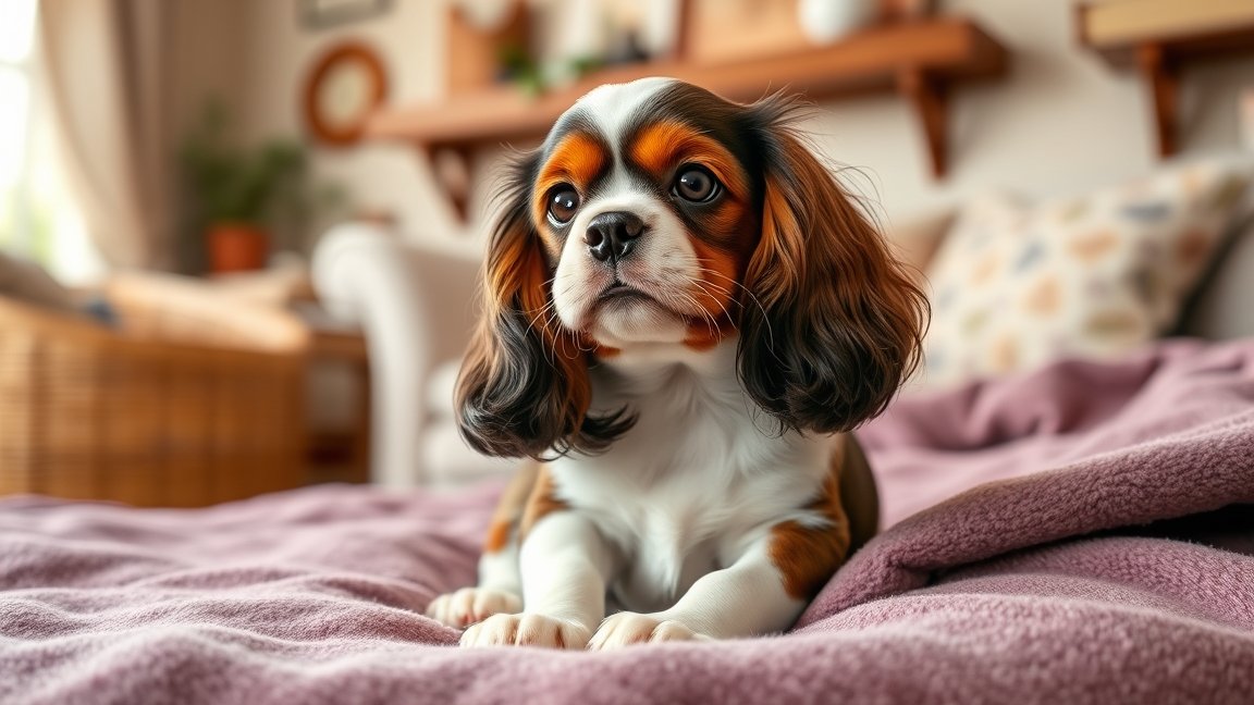 Cavalier King Charles spániel egy szőnyegen ülve, otthoni környezetben.