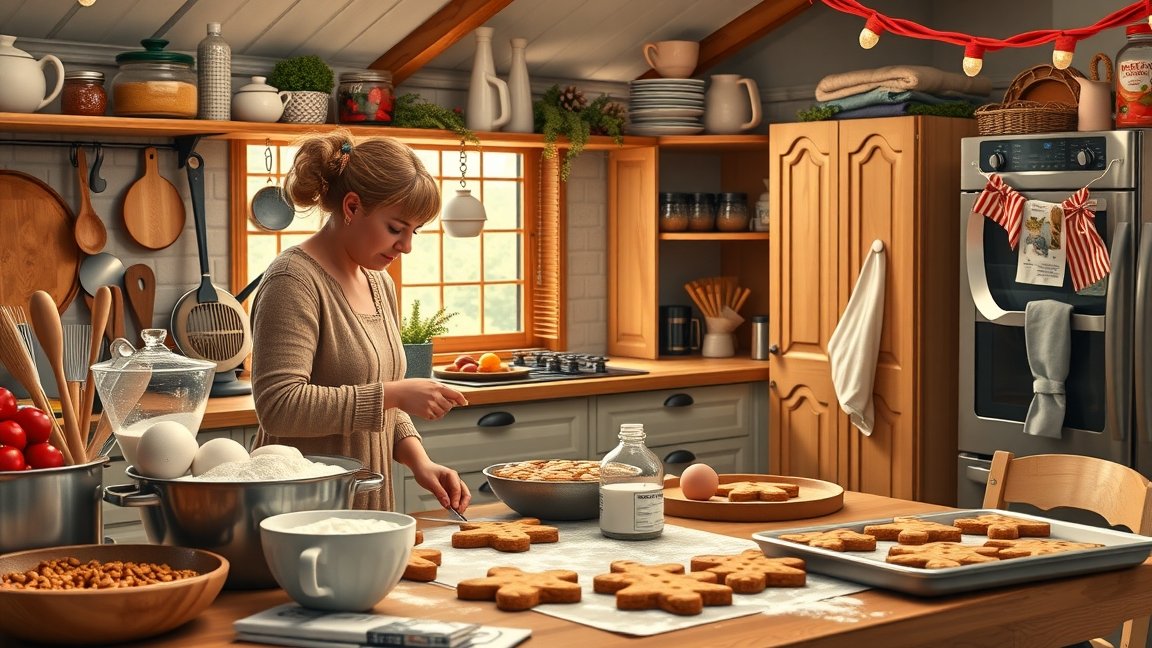 Családi mézeskalács sütés az otthoni konyhában, kreatív díszítéssel.