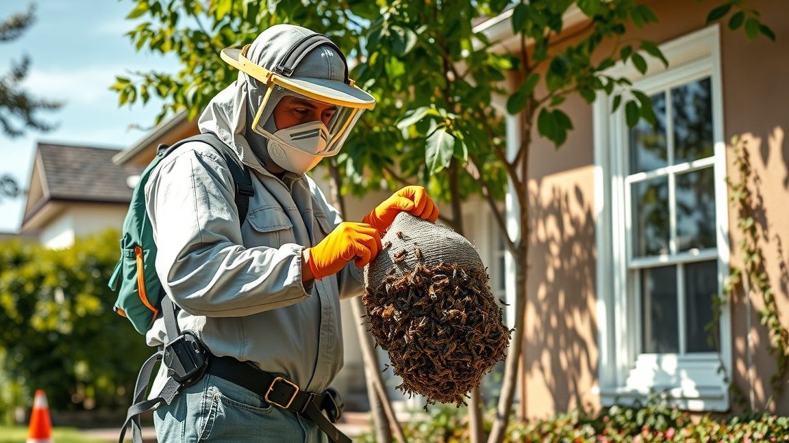 Darázsirtás szakember fészek eltávolítása közben