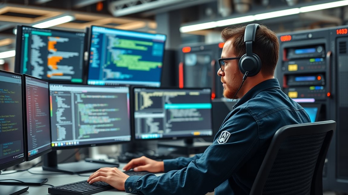 DevOps engineer munka közben több monitor előtt, programozás