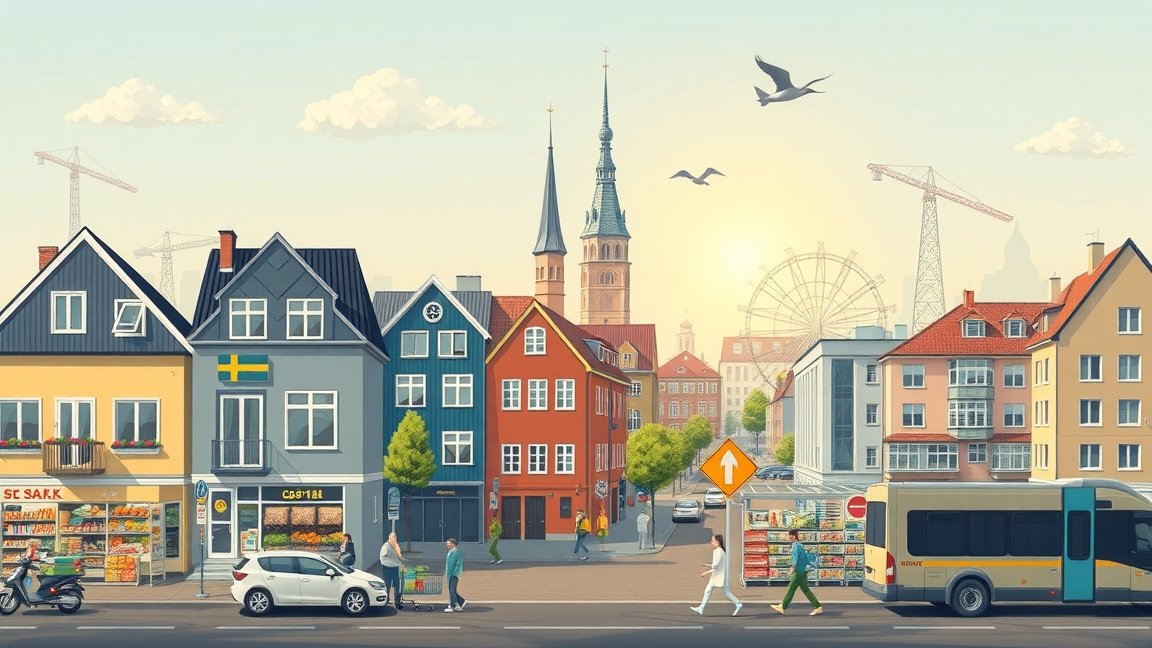 Svéd városkép, ahol a lakórészek és közszolgáltatások jól láthatók.