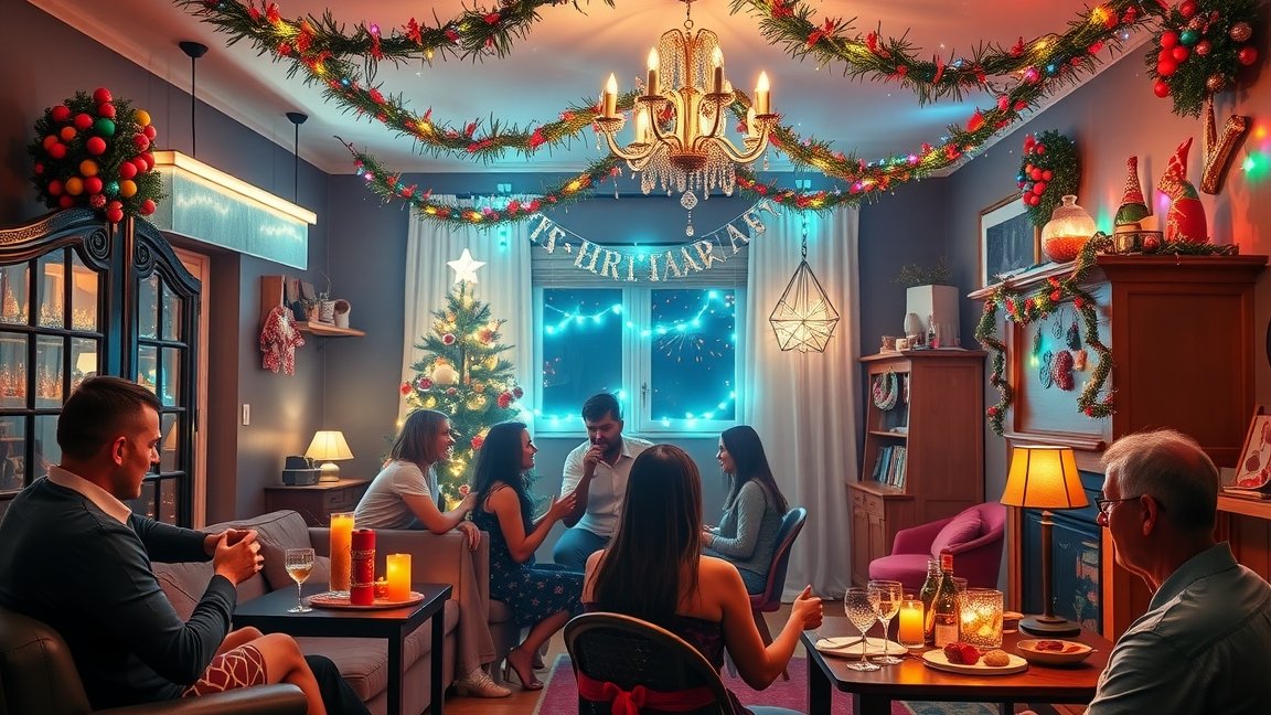 Szilveszteri házibuli barátokkal vidám dekorációval.