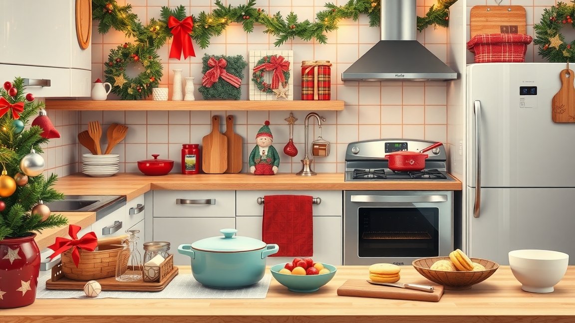 Karácsonyi dekorációval díszített konyha sütéshez és főzéshez.