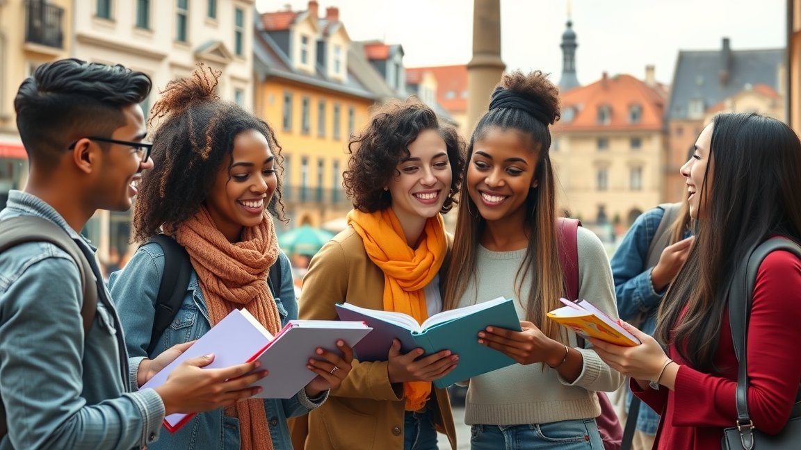 Erasmus program résztvevő diákok közösen tanulnak egy városban