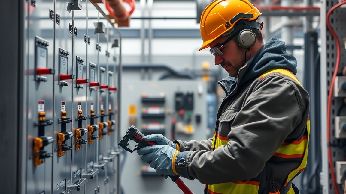 Erősáramú elektrotechnikus műhelyben, szakmai munkavégzés közben