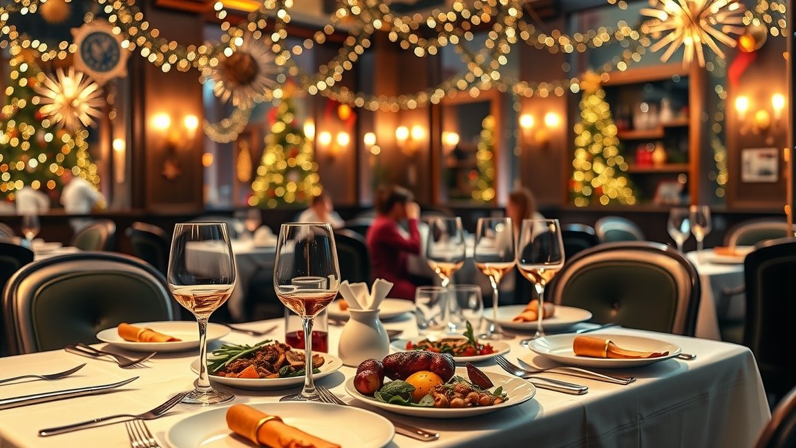 Elegáns étterem díszítése szilveszteri vacsorához, ünnepi hangulatban.