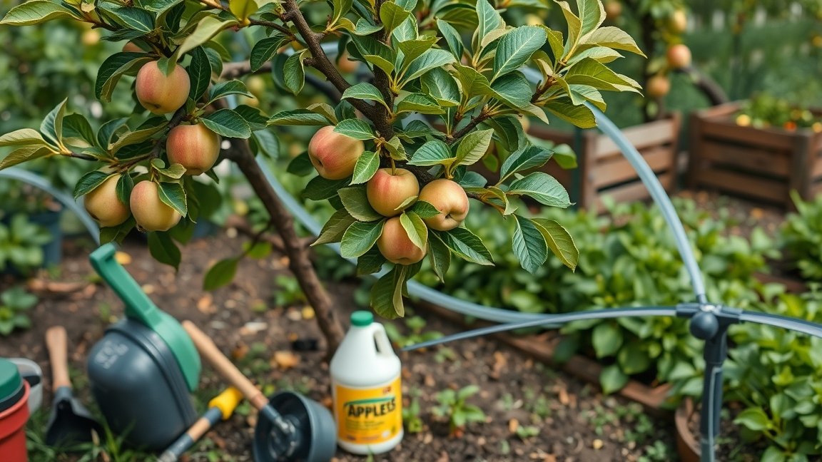 Almafa gondozása tápanyagokkal és eszközökkel.