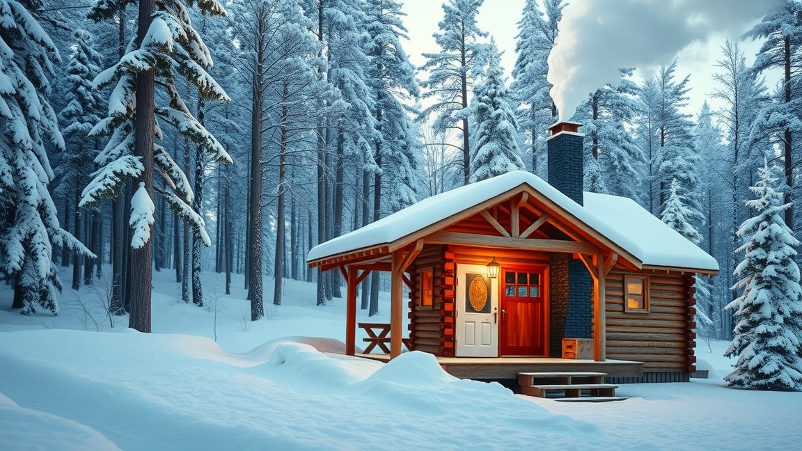 Téli faház erdőben, hóval borított táj és füstölgő kémény.