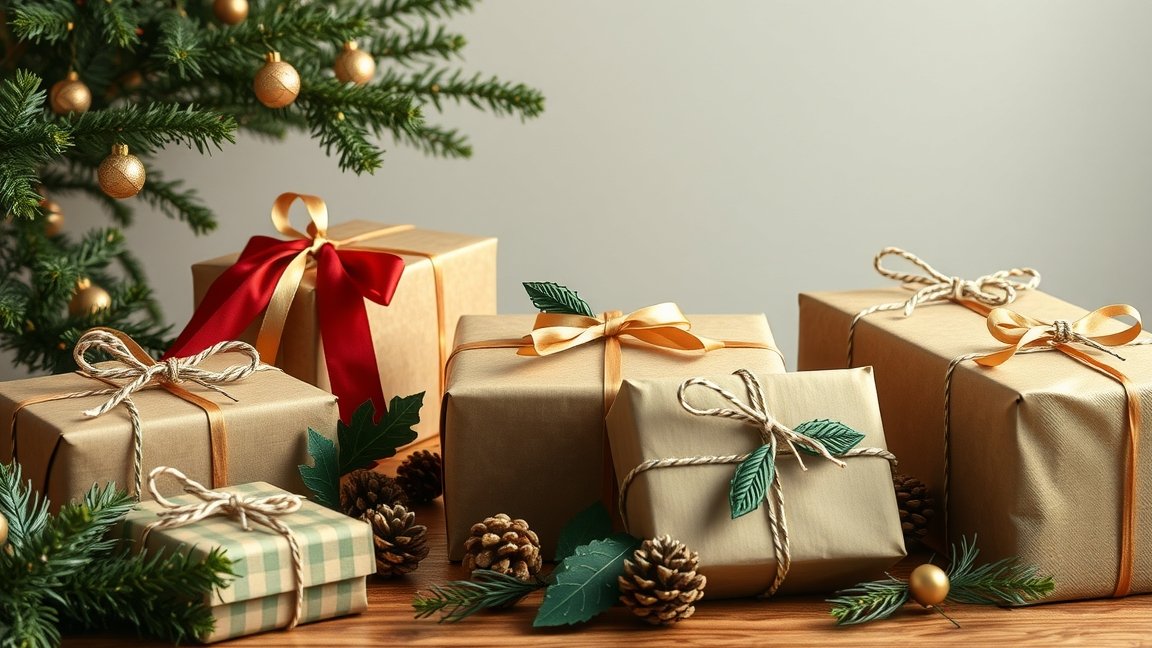 Fenntartható karácsonyi ajándékok csomagolva, ünnepi hangulatban.