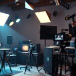 Videoklip forgatás stúdióban, kamerával és világítással.