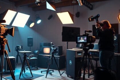 Videoklip forgatás stúdióban, kamerával és világítással.