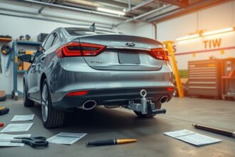 A vonóhorog felszerelése egy autóra, szerszámokkal és dokumentumokkal.