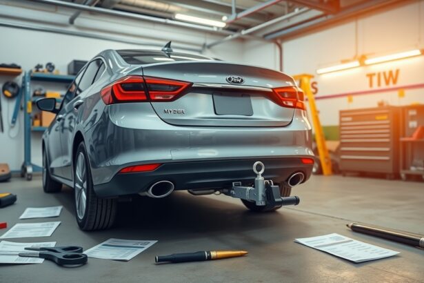 A vonóhorog felszerelése egy autóra, szerszámokkal és dokumentumokkal.