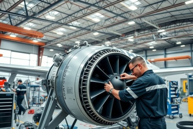 Repülőgép-szerelő munkája a motor karbantartása közben.