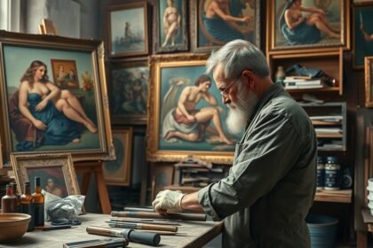 Restaurátor munkája kézműves műhelyben, festményekkel körülvéve.