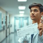 Rezidens orvos a kórház folyosóján, bérpapírral a kezében.