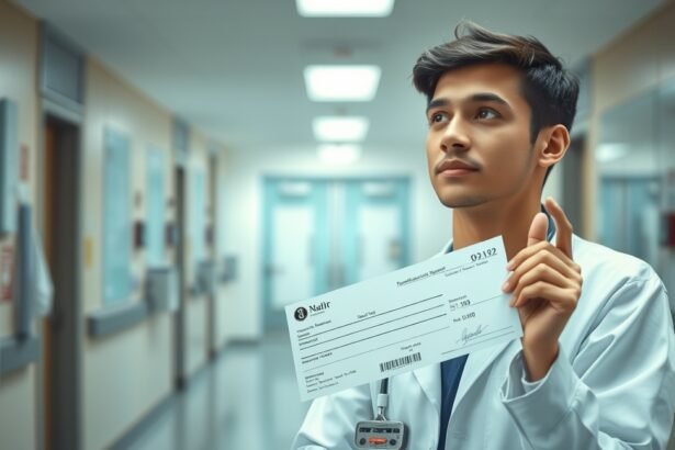 Rezidens orvos a kórház folyosóján, bérpapírral a kezében.