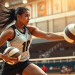 Egy röplabdás játékos, aki labdákat tart a kezében, a pályán.