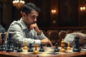 Sakkozó gondolkodik egy versenyasztalnál, sakkfigurák mellett.