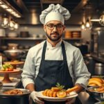 Egy séf ételt szolgál fel, étterem konyhájában.