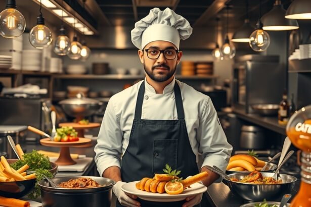 Egy séf ételt szolgál fel, étterem konyhájában.