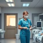 Segédápoló a kórházban, egészségügyi feladatok ellátása közben.