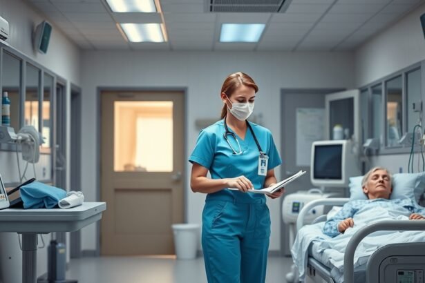 Segédápoló a kórházban, egészségügyi feladatok ellátása közben.
