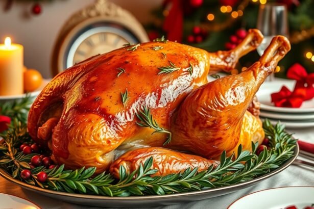 Karácsonyi pulykasült ünnepi terítéken, friss fűszerekkel.