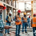Segédmunkások a munkaterületen, építkezési környezetben.