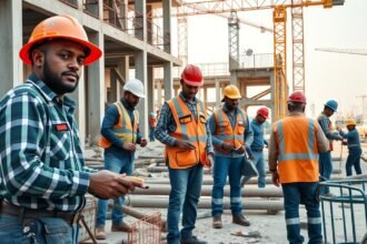 Segédmunkások a munkaterületen, építkezési környezetben.