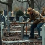 Sírásó munka közben a temetőben, sírok között dolgozik.