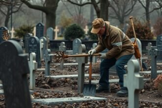 Sírásó munka közben a temetőben, sírok között dolgozik.