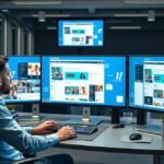 Social media manager dolgozik több monitor előtt egy modern irodában.