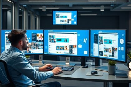 Social media manager dolgozik több monitor előtt egy modern irodában.