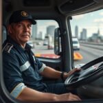 Sofőr a teherautóban városi környezetben