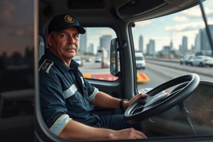 Sofőr a teherautóban városi környezetben
