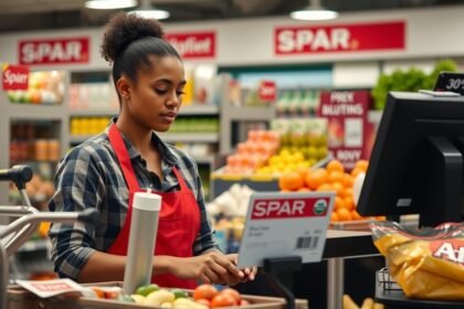 Spar pénztáros munkahelyi környezetben, pénztárnál