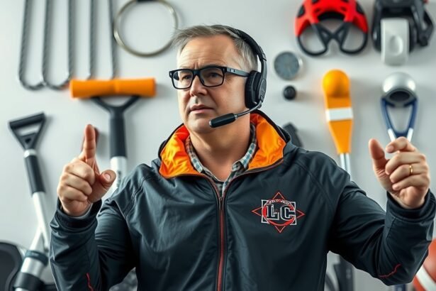 Sportedző online edzés közben, tornaterem háttérrel