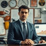 Sportmenedzser az irodájában, sportesemények és grafikonok mellett ül.