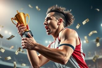 Sportoló arany kupával, háttérben pénzérmék a győzelemért.